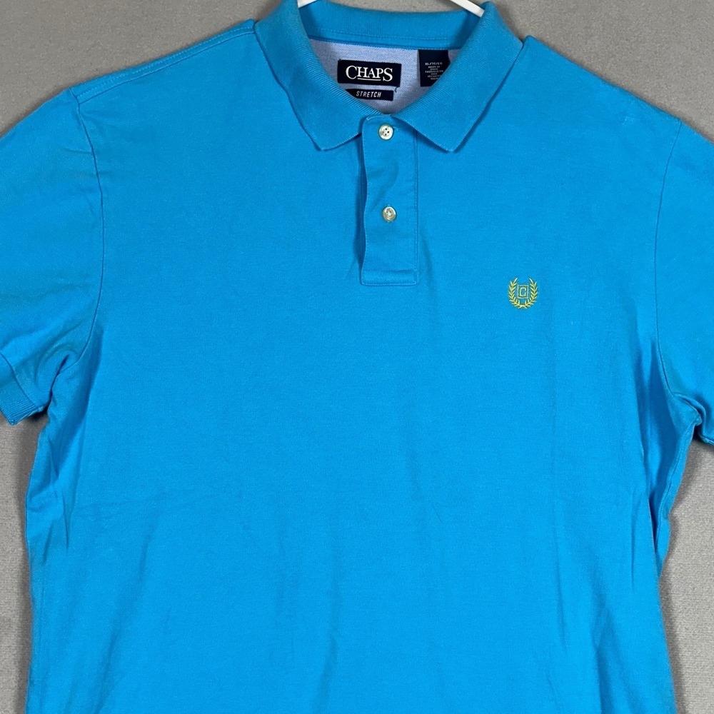 Chaps Polo Shirt Mens XL Light Blue Casual Stretch Rugby Short Sleeve Logo EUC